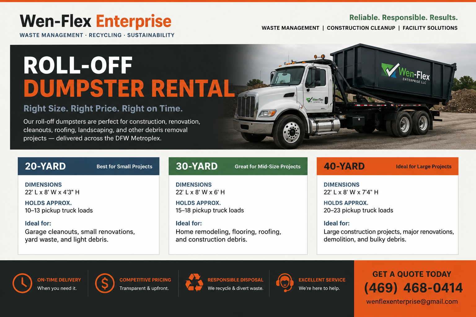 Wen-Flex Enterprise roll-off dumpster rental sizes and pricing